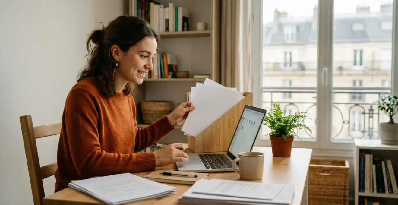 Jeune étudiante organisant ses documents administratifs dans son premier appartement
