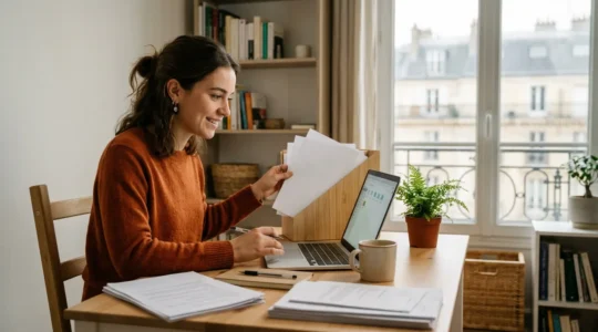Jeune étudiante organisant ses documents administratifs dans son premier appartement