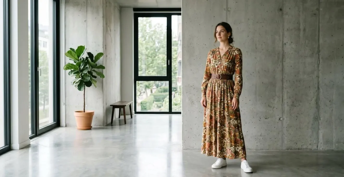 Femme portant une robe vintage années 70 modernisée avec ceinture contemporaine et baskets dans un environnement minimaliste