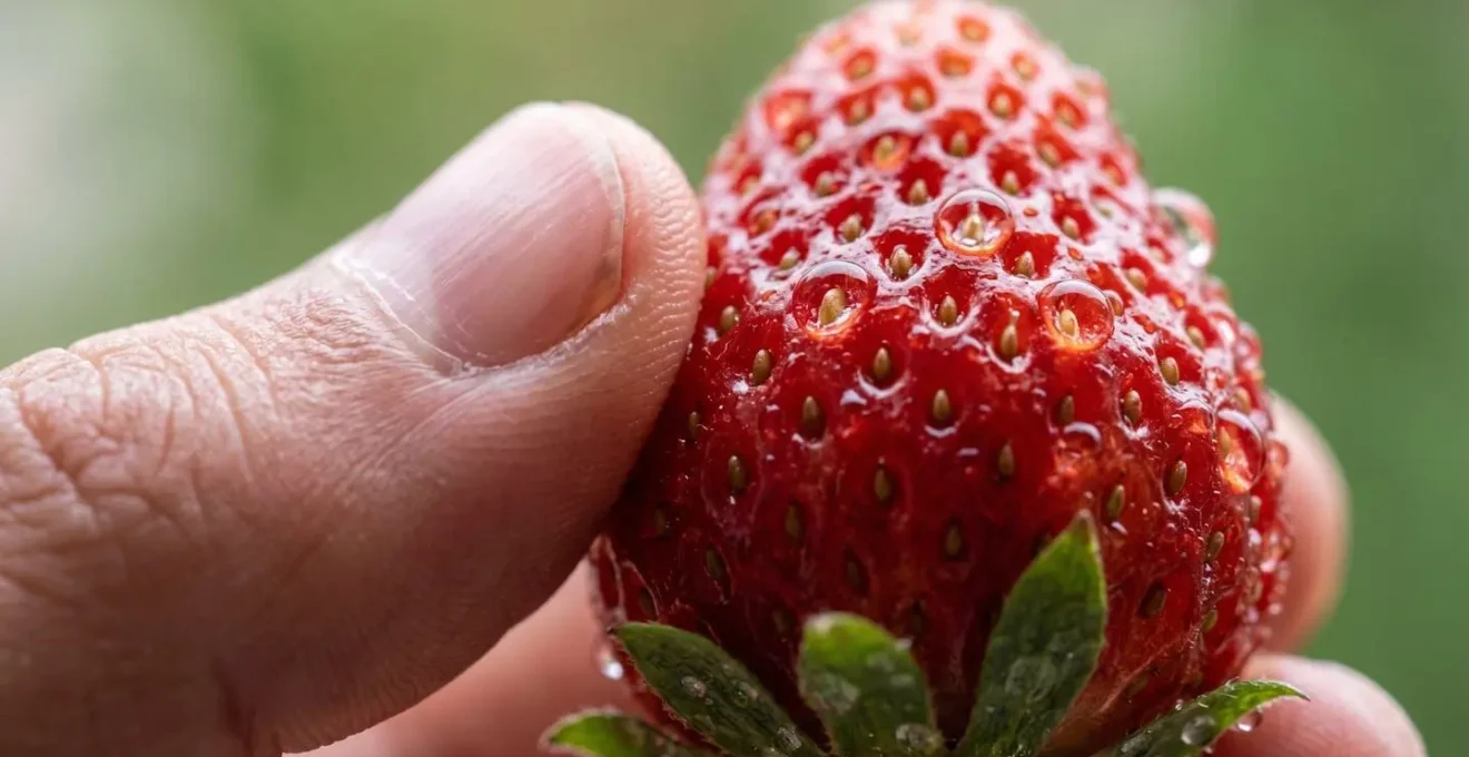 Gros plan d'une main tenant délicatement une fraise avec gouttes de rosée