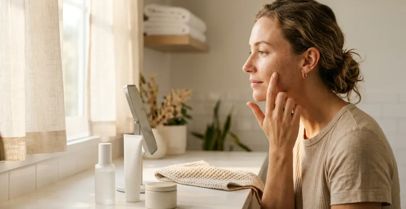 Femme appliquant un maquillage naturel devant un miroir avec une lumière douce matinale
