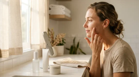 Femme appliquant un maquillage naturel devant un miroir avec une lumière douce matinale
