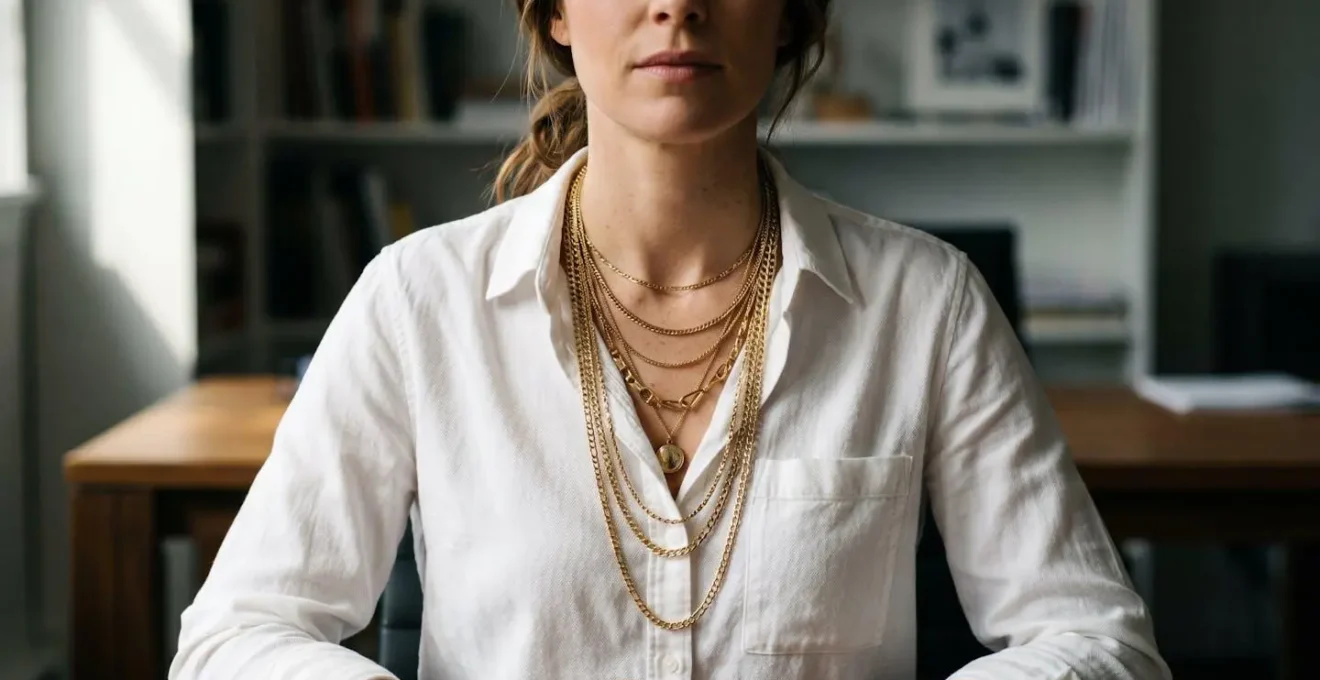 Portrait professionnel avec accumulation sophistiquée de bijoux dorés