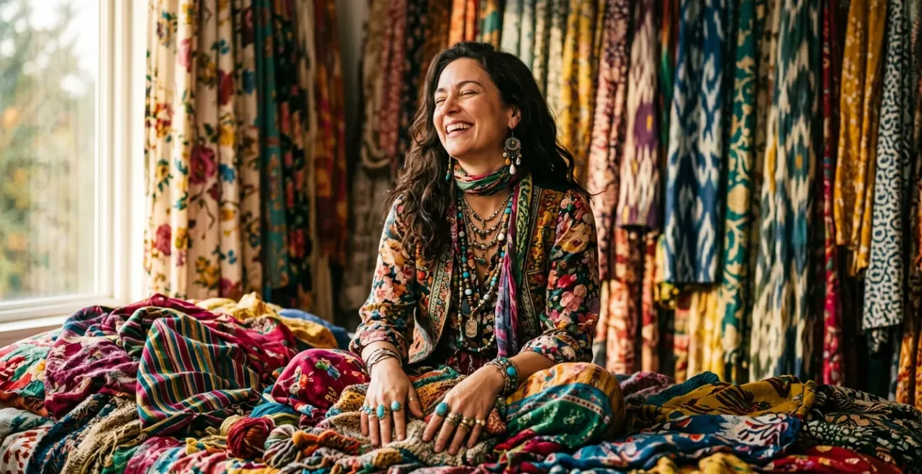 Femme entourée d'une profusion d'imprimés floraux et géométriques dans un environnement coloré