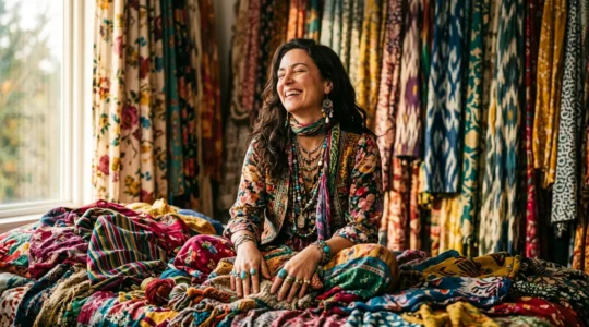 Femme entourée d'une profusion d'imprimés floraux et géométriques dans un environnement coloré