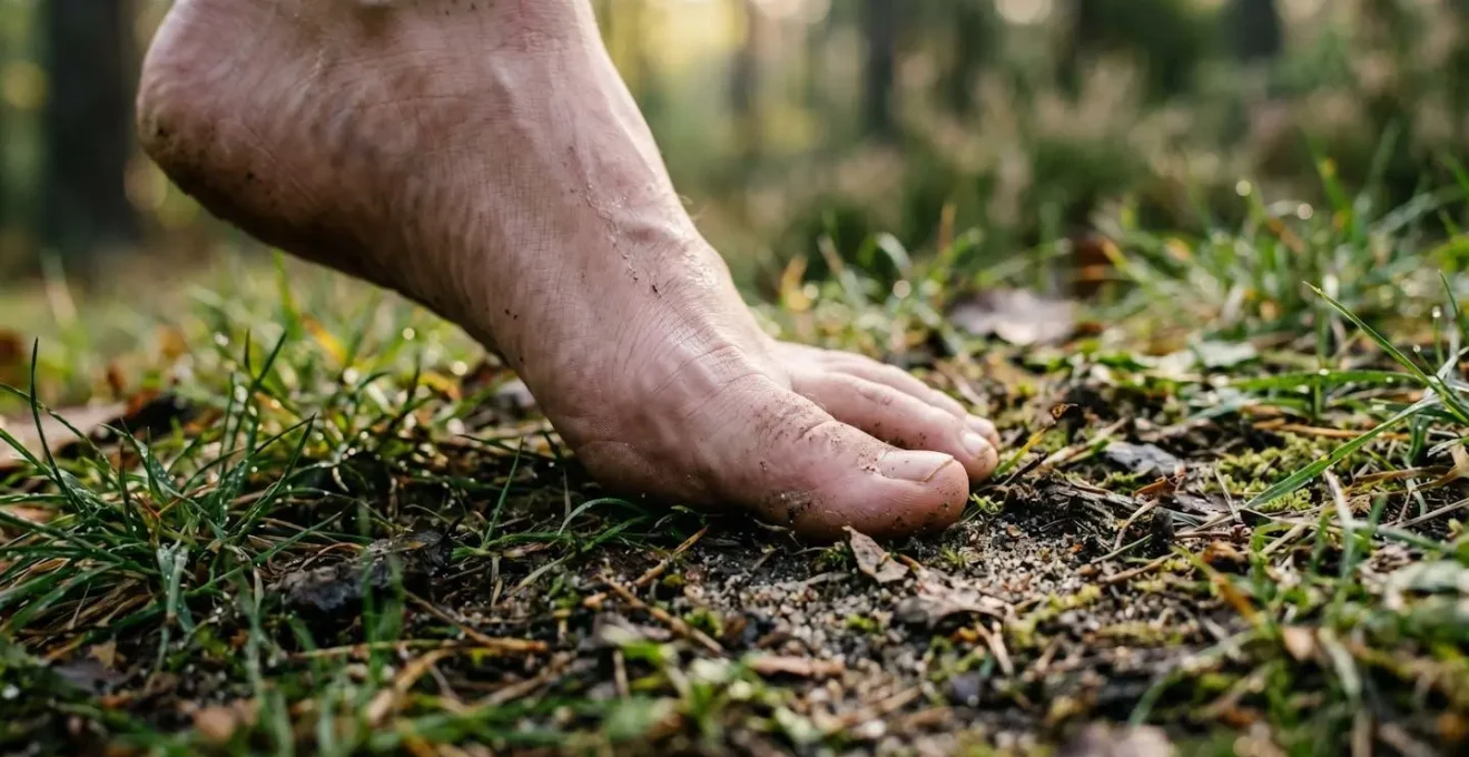 Gros plan sur des pieds nus touchant délicatement le sol pendant une marche méditative