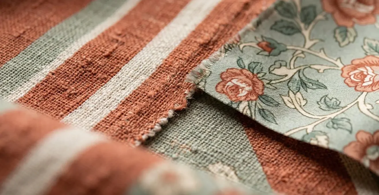 Composition de tissus mélangant harmonieusement rayures et motifs floraux grâce à une palette de couleurs commune
