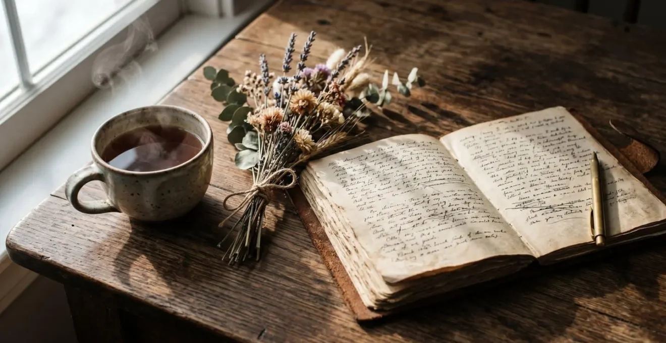 Table épurée avec carnet ouvert, tasse de thé et plantes vertes pour planifier des activités à faible stimulation