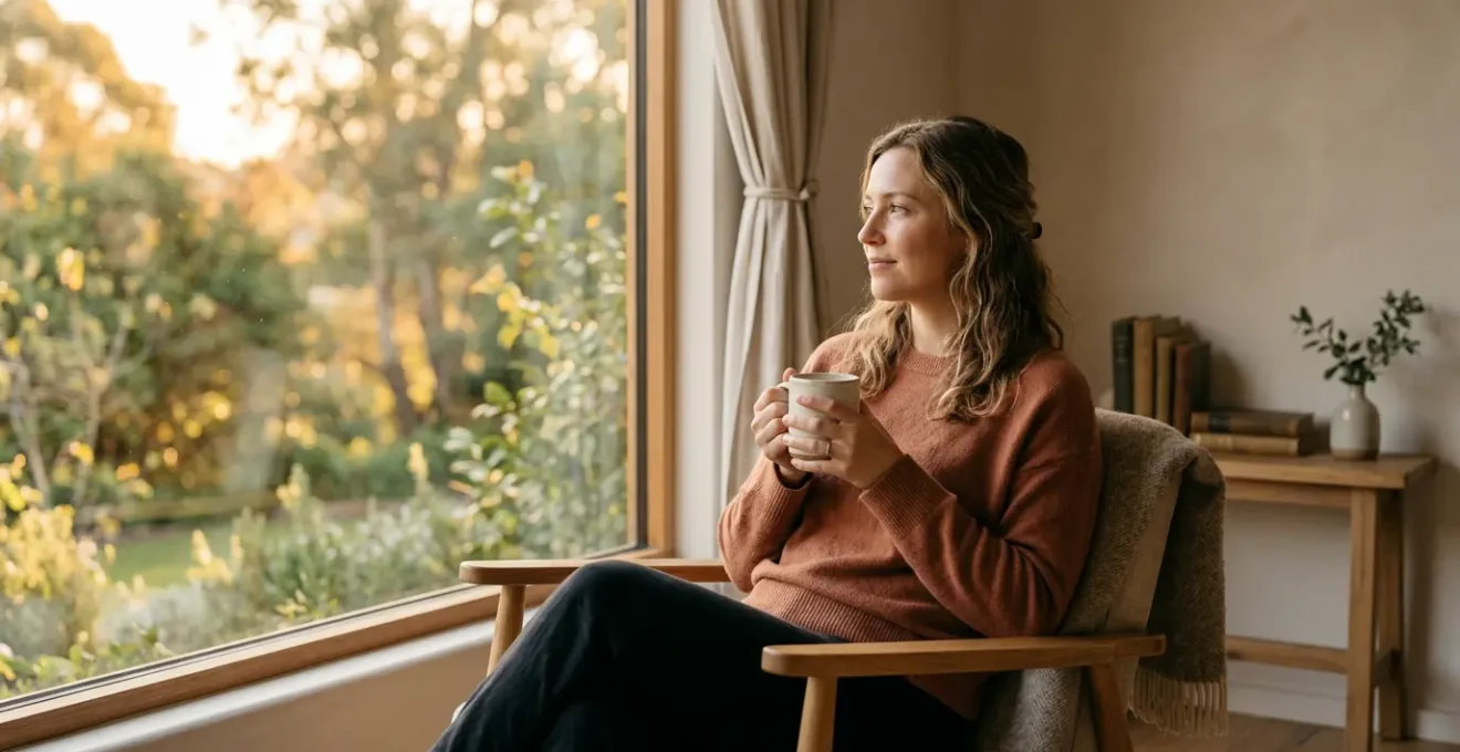 Femme assise près d'une fenêtre lumineuse, tenant une tasse de café, regardant sereinement l'extérieur