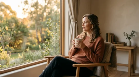 Femme assise près d'une fenêtre lumineuse, tenant une tasse de café, regardant sereinement l'extérieur