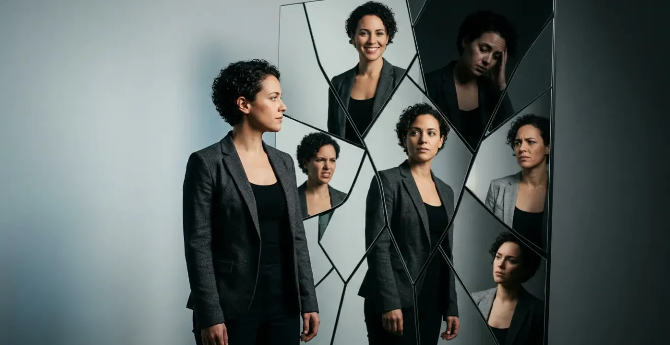 Femme face à un miroir fragmenté montrant différentes versions d'elle-même, métaphore des contradictions du body positive sur Instagram