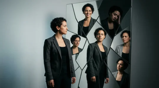 Femme face à un miroir fragmenté montrant différentes versions d'elle-même, métaphore des contradictions du body positive sur Instagram