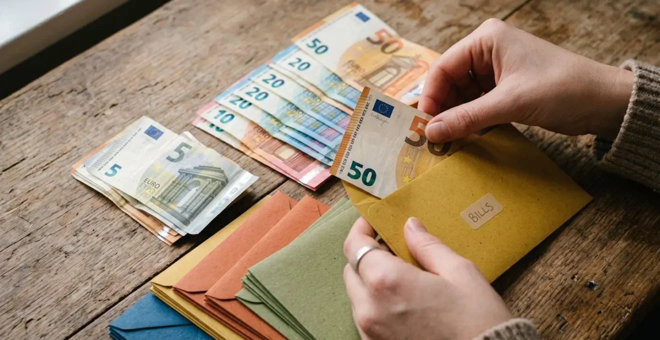 Mains d'étudiante organisant des billets dans des enveloppes colorées pour la gestion budgétaire hebdomadaire