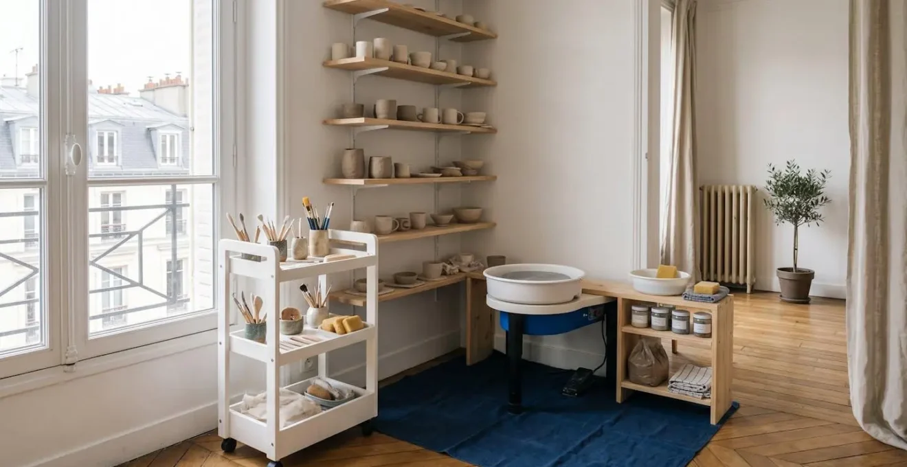 Coin atelier de poterie organisé dans un petit appartement lumineux avec rangements astucieux