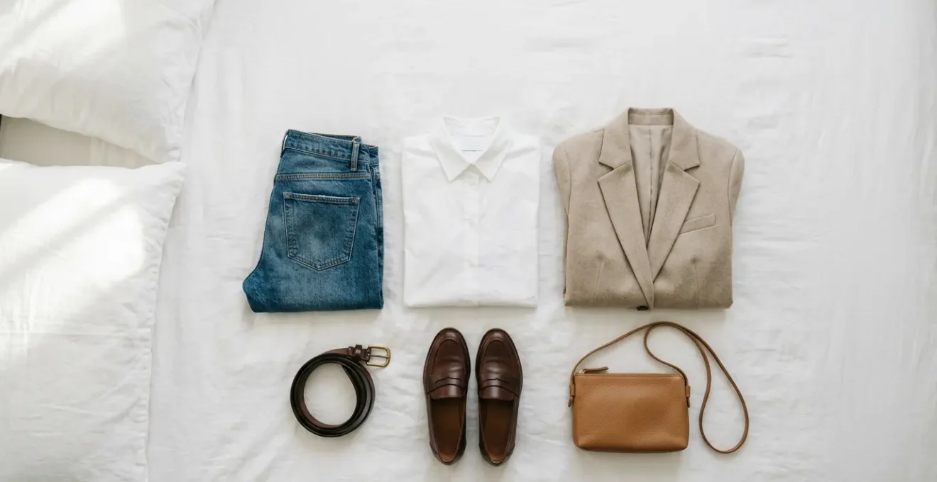 Composition minimaliste de vêtements essentiels féminins disposés sur lit blanc