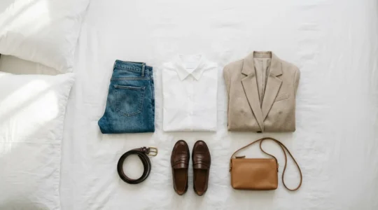 Composition minimaliste de vêtements essentiels féminins disposés sur lit blanc