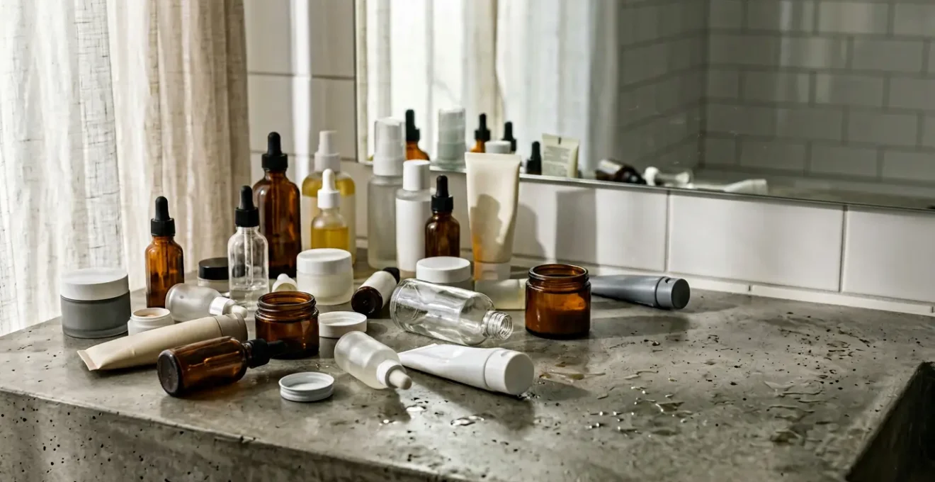 Vue artistique d'une salle de bain moderne avec des produits cosmétiques suggérés par leurs formes sans étiquettes visibles
