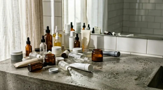 Vue artistique d'une salle de bain moderne avec des produits cosmétiques suggérés par leurs formes sans étiquettes visibles