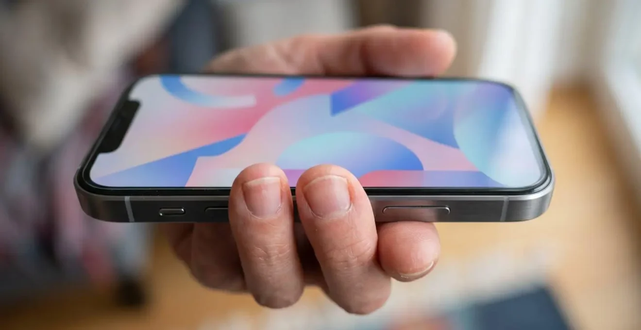 Main féminine tenant un smartphone montrant une interface de profil abstraite avec des formes géométriques colorées