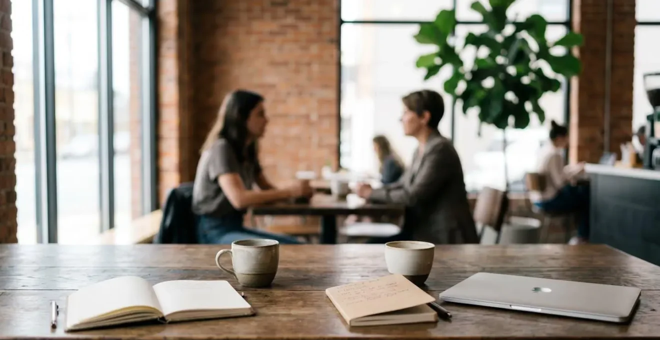 Échange professionnel entre une étudiante et un mentor dans un café moderne