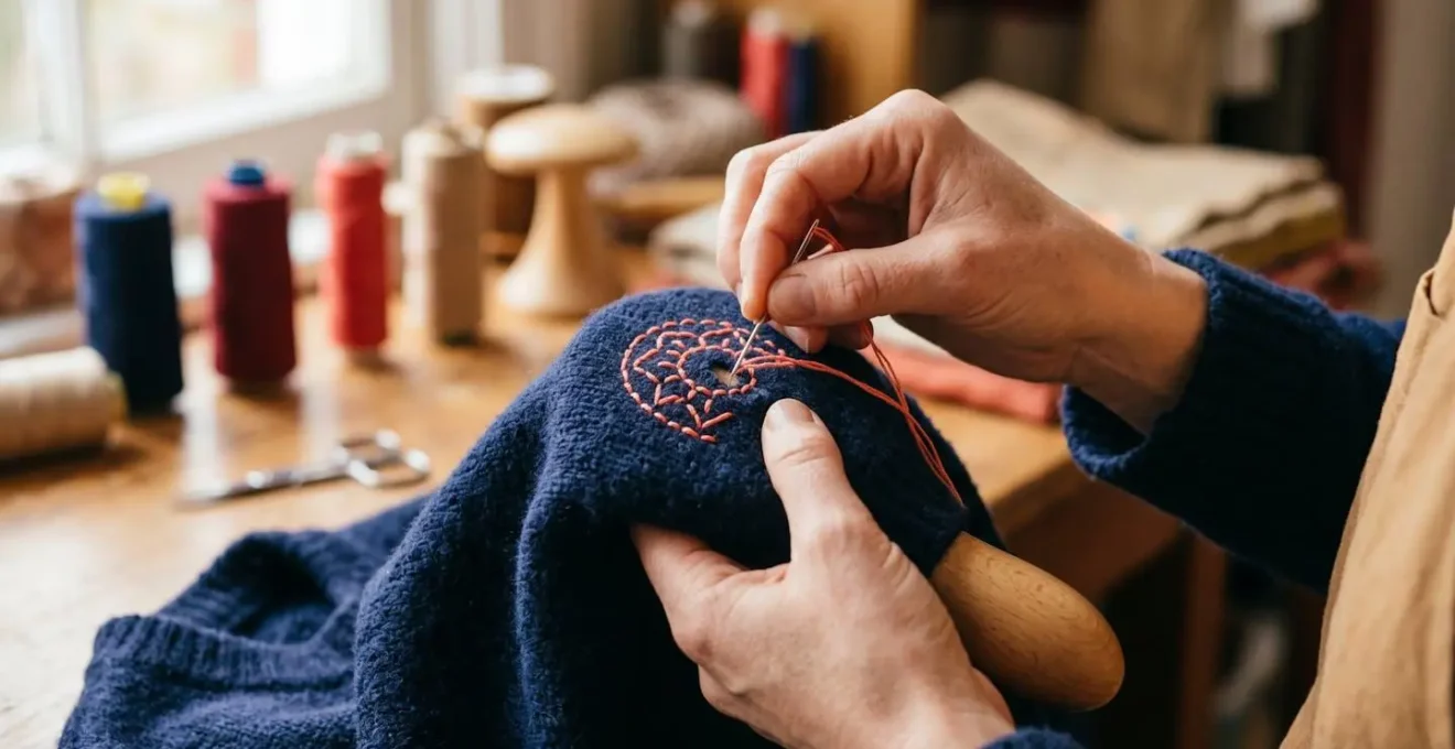 Mains réparant un pull en laine avec la technique du visible mending coloré