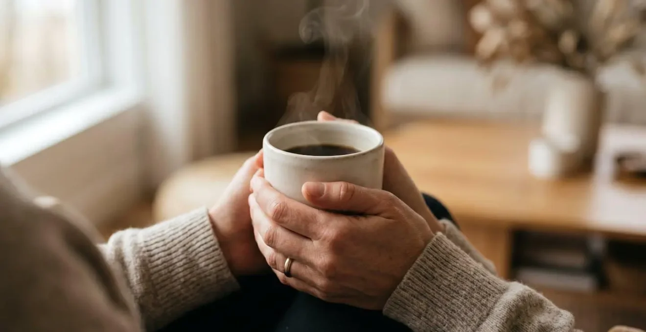 Vue rapprochée d'une tasse de café fumante dans des mains en position méditative