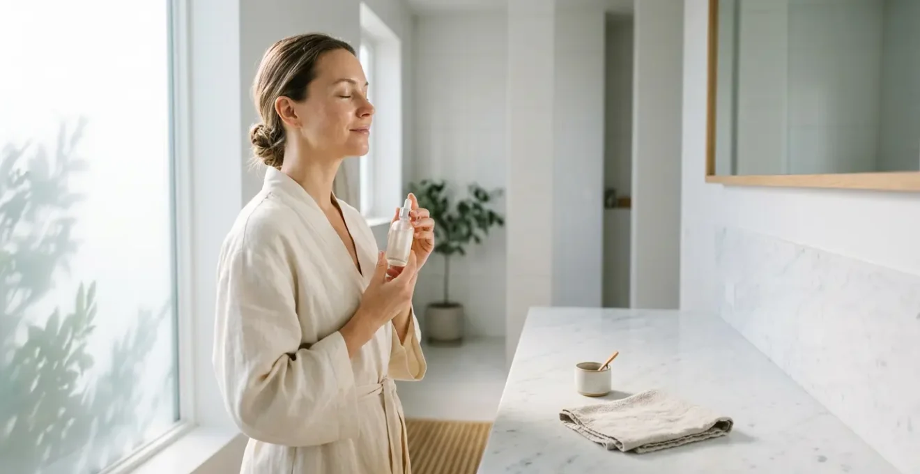 Femme avec une peau naturelle éclatante tenant un flacon minimaliste dans une salle de bain épurée