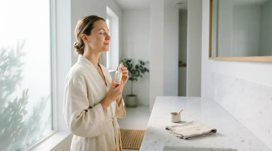 Femme avec une peau naturelle éclatante tenant un flacon minimaliste dans une salle de bain épurée