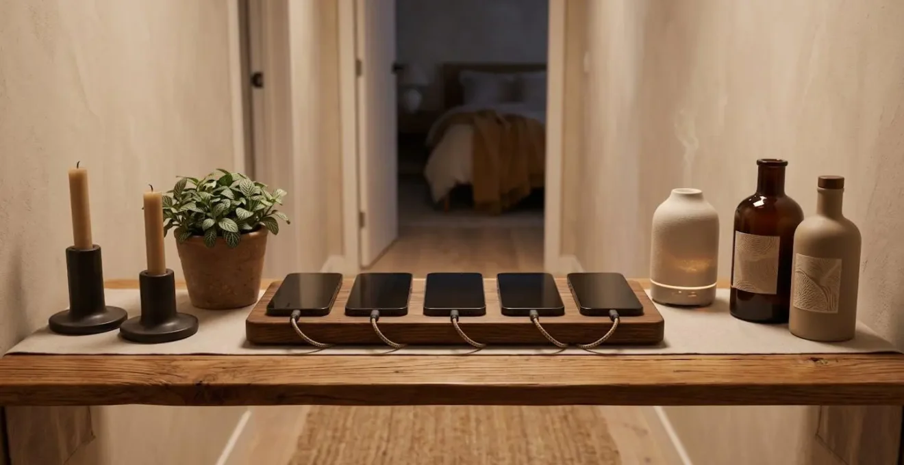 Station de charge élégante avec smartphones posés face cachée, entourée de bougies et produits de soin dans une ambiance zen