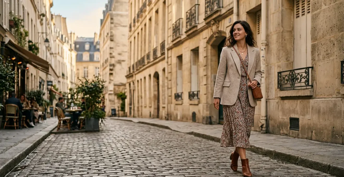 Femme élégante en robe longue fleurie bohème dans une rue pavée parisienne