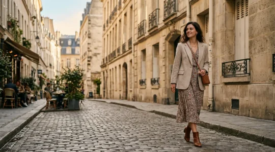 Femme élégante en robe longue fleurie bohème dans une rue pavée parisienne