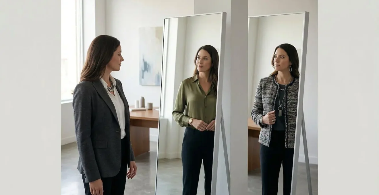 Femme professionnelle ajustant sa veste de tailleur dans un miroir, reflet montrant différentes versions d'elle-même dans diverses tenues professionnelles