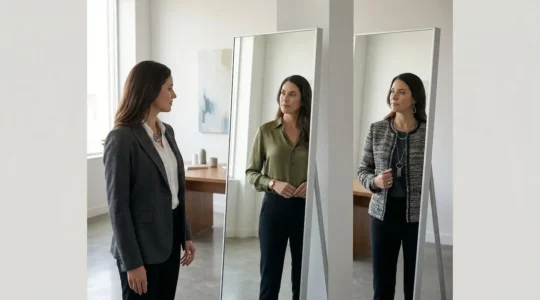 Femme professionnelle ajustant sa veste de tailleur dans un miroir, reflet montrant différentes versions d'elle-même dans diverses tenues professionnelles