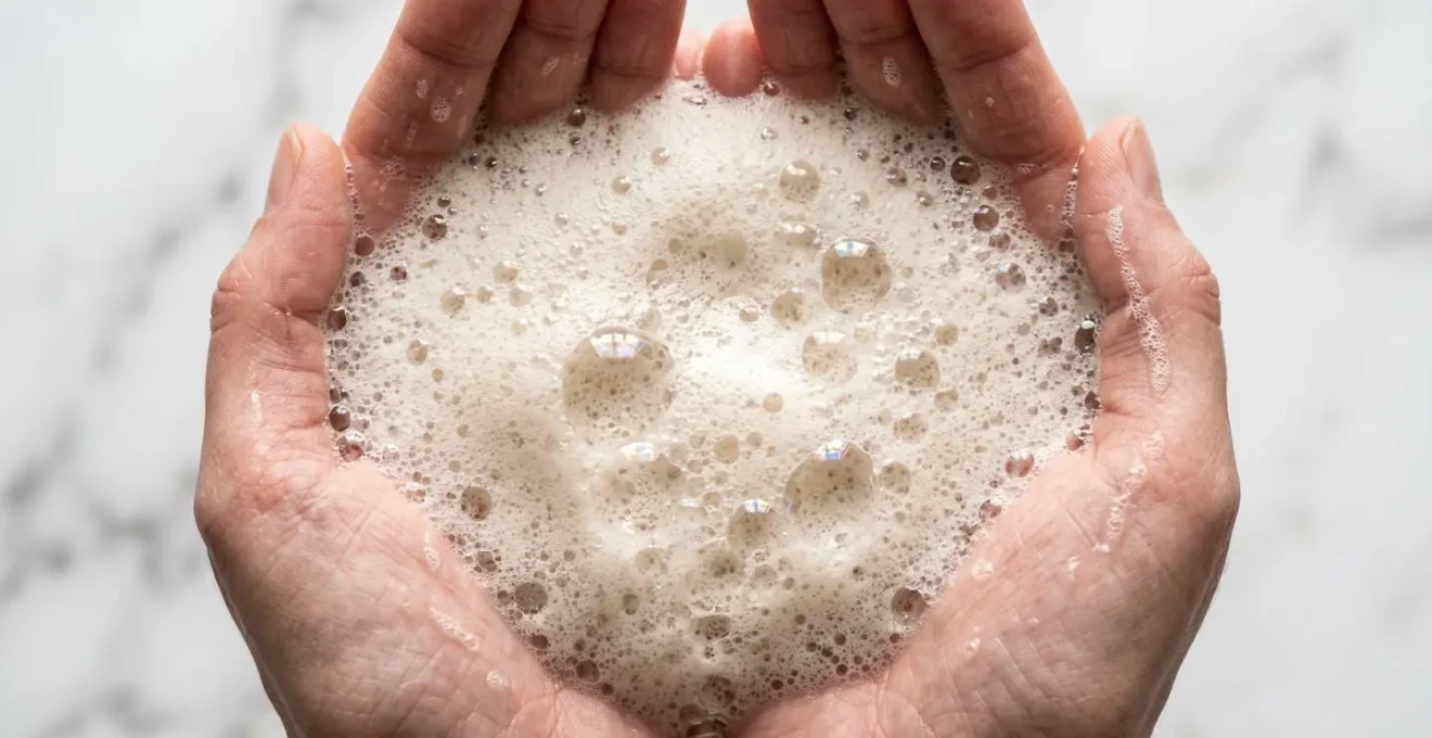 Mains faisant mousser délicatement un shampoing naturel avant application