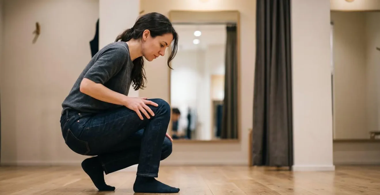 Femme testant l'ajustement d'un jean en position accroupie dans une cabine d'essayage minimaliste.
