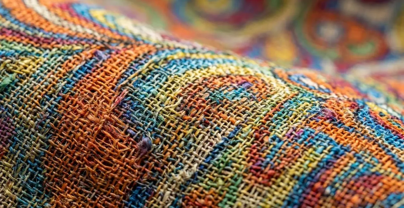 Vue macro détaillée de fibres de soie vintage avec nuances de couleurs des années 70