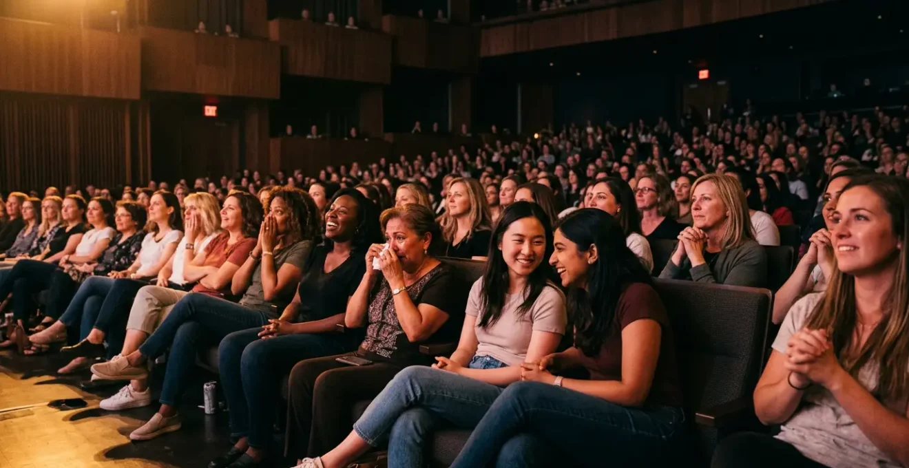 Femmes au théâtre partageant une émotion collective dans une salle moderne avec des jeux de lumière