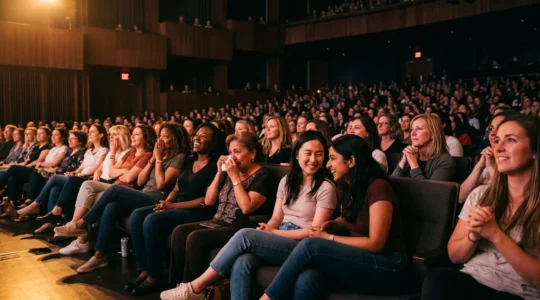 Femmes au théâtre partageant une émotion collective dans une salle moderne avec des jeux de lumière