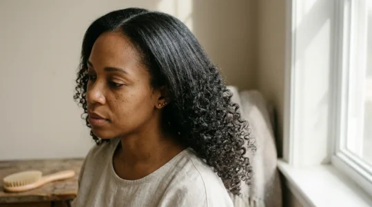 Cheveux bouclés naturels en transition capillaire montrant différentes textures